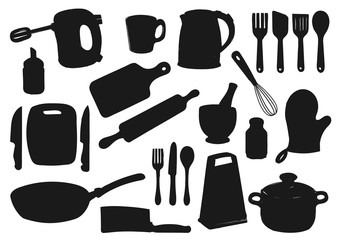 Kitchenware, kitchen utensil isolated black silhouettes. Vector cutlery and kitchen appliance, cooking pots and knives, spatula and cutting board. Electric kettle and mixer, grater and glove, pan