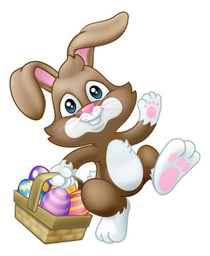 Easter bunny rabbit cartoon character holding a basket full of painted Easter eggs