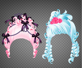 Woman wigs rococo set. Girl curly blue and pink vintage princess hairstyle with flowers, beads and ribbons for wedding or carnival isolated on transparent background, realistic 3d vector illustration © vectorpocket