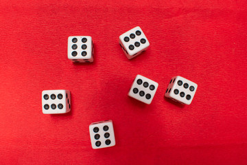Hand throwing dice, hoping for the best odds. Six dice on red background