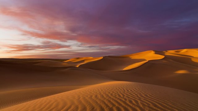 Sunset over the sand dunes in the desert. TimeLapse