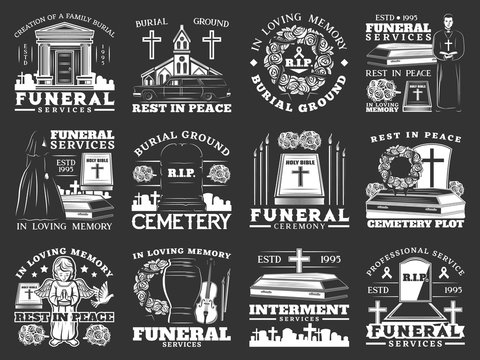 Funeral, Burial And Interment Service, Isolated Monochrome Icons. Vector Burial Ground Ceremony, Rest In Peace, Cemetery, Remation Urns And Columbarium, Crosses And Tombs, Graveyard And Burial Icon