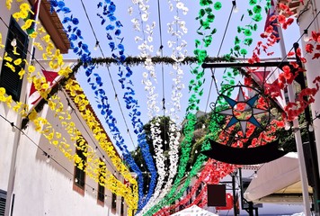 Streets of Sao Vicente decorated with colored paper flowers for a traditional festival (Madeira, Portugal, Europe)
