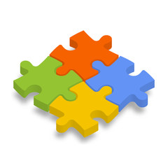 4 colorful jigsaw puzzle pieces. Team cooperation, teamwork or solution business theme. 3D vector illustration with dropped shadow