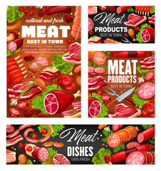 Meat products, vector pork and beef, sausages, mutton and veal, bacon and ham, ribs and barbeque steaks, tenderloin and sirloin, ham and seasonings. Vector butchery food on board, kitchen cutlery
