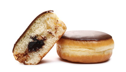 Doughnuts with chocolate cream icing isolated on white background