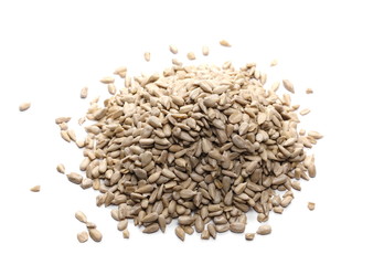 Peeled sunflower seeds isolated on white background