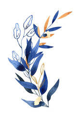 Hand painted watercolor illustration - bouquet (arrangement) in classic blue shades  and gold leaves and branches.