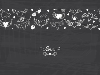 Love. Vector seamless horizontal border banner. Hearts with Wings for Valentines Day or Wedding greeting cards. Beautiful Doodle Heart tattoo. Hand drawn illustration