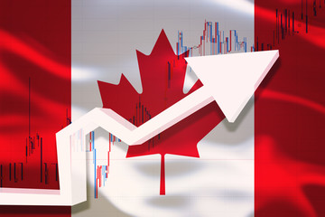 Canada growth chart. White 3D arrow and stocks chart grows up on the background of waving flag of...