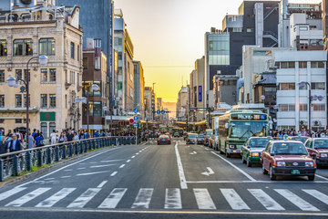 Urban sunset in the city of Kyoto in Japan