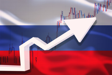 Fototapeta premium Russia growth chart. White 3D arrow and stocks chart grows up on the background of waving flag of the country.