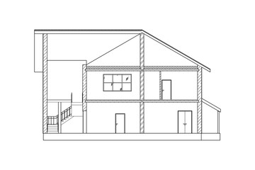 Best interesting architectural black and white background. Cross-section suburban house. Vector blueprint.