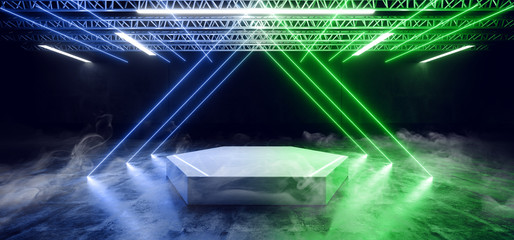Sci Fi Stage Neon Smoke Glowing Pantone Blue Green laser Neon Lines Fluorescent Dance Dloor Catwalk Product Background 3D Rendering