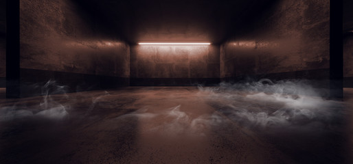 Dunkler Neon-Laser-Rauch-Nebel Orange leuchtende fluoreszierende Garage Tiefgarage Auto-Schaufenster leeren Hintergrund Beton reflektierende Grunge 3D-Darstellung © IM_VISUALS
