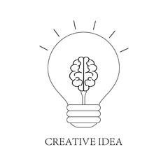 Creative idea logo with a light bulb. Symbol of creativity. Innovation solution. Brain inspiration on white background in line style. Electrical energy in lamp. Design of brainstorm business. Vector.