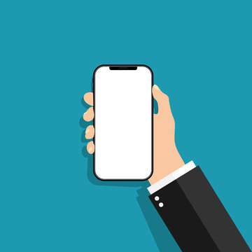 Hand holds the phone in a flat style. Mobile phone with touch blank screen. Template of smartphone for mobile app. Design of cellphone with digital display. Black phone with white touchscreen. Vector.