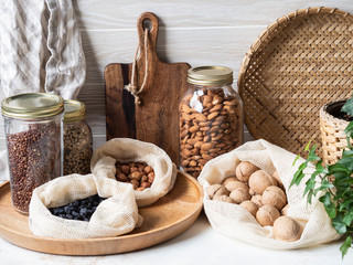 Waste-free domestic life. Kitchen storage of reusable products for the environment and zero waste life. Plastic free life. Zero waste concept. Copy space