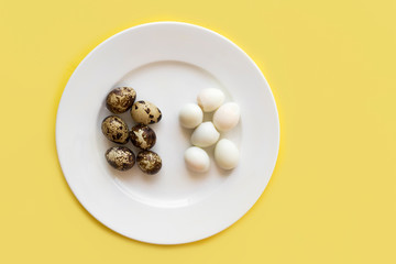 Group, set of peeled and unpeeled small organic quail eggs, boiled versus raw on a white plate on yellow background. Top view from above. Before cooking and after.