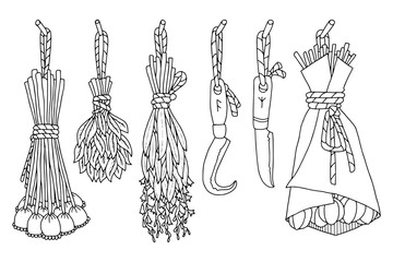 Hand drawing vector illustration. Ink sketch. Medicinal herbs, dry herbs for aromatherapy, sickle for collecting herbs. Herbalism, witchcraft, Wicca and occult. Botanical illustration. Coloring page