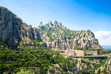 View of Montserrat Monastery on the mountain of Montserrat, Catalonia, Barcelona, Spain Sunny day,...