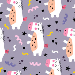 Seamless pattern with cartoon ponies, decor elements on a neutral background. Colorful magic vector for kids, flat style. Handmade doodle drawing. baby design for fabric, textile, print, wrapper