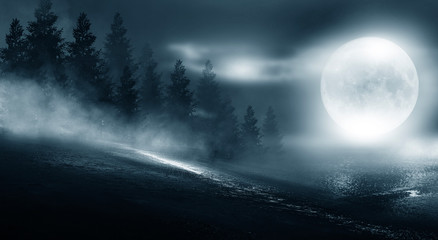 Night futuristic landscape, cold night, smog, trees in the fog. Reflection of the light.