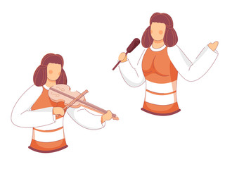 Cartoon Young Girls Singer and Guitarist on White Background.