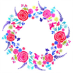 Fototapeta na wymiar Colorful Flowers with Leaves Decorated Circular Shape on White Background.