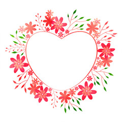 Heart Shape Decorated with Flowers and Leaves on White Background.