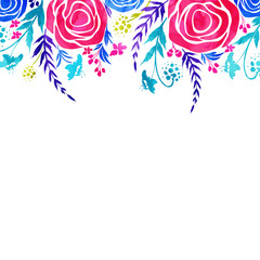 Blue and Pink Rose Flowers with Leaves Decorated on White Background.