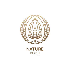 Succulent logo template. Vector emblem of blossoming cactus or tropical flower in linear style. Abstract icon for bussines design, packaging of natural, eco products, beauty, spa, yoga badge