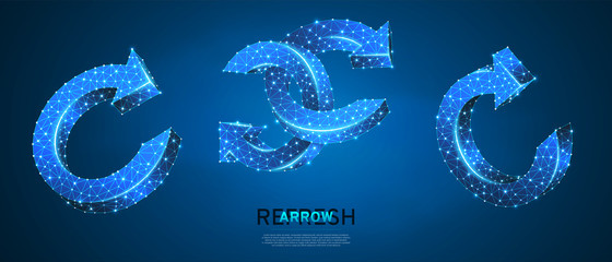 Repeat circular arrows symbol set. Low poly, wireframe, digital 3d vector illustration. Repeat, refresh button concept on blue neon background. Abstract polygonal sign