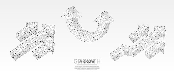 Arrows up, success, set of teamwork signs. Growth trend, cooperation, business partnership concept on blue neon background. Low poly, abstract, polygonal, wireframe 3d vector illustration