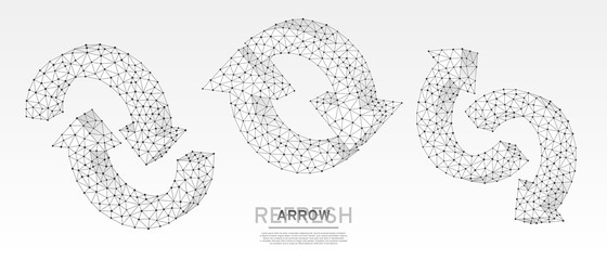 Refresh circular arrows symbol set. Repeat, refresh button concept on white origami background. Low poly, wireframe, digital 3d vector illustration. Abstract polygonal neon sign