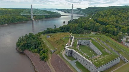 Aerial: Historic Fort Knox, Penobscot river & Penobscot Narrows Bridge. Maine, USA. 2 September 2019
