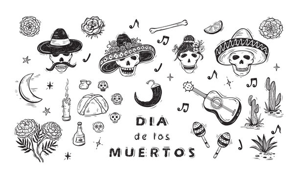 Mexico Vector Set. Dia de los Muertos. Day of the Dead. Mexican Holiday Symbols: Mexican Skulls, Food, Pan de Muerto, Sugar Skulls, Marigold Flowers, Guitar, Cactus