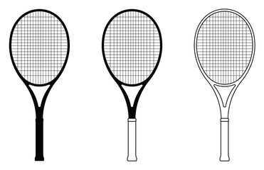Tennis racquets. Thin line and silhouette icons