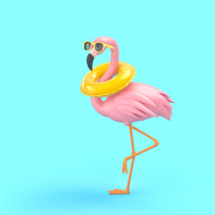 Funny flamingo in sunglasses with swimming ring on blue background - obrazy, fototapety, plakaty