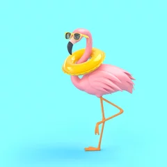 Fotobehang Funny flamingo in sunglasses with swimming ring on blue background © ptasha