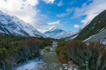 Fototapeta na wymiar Beautiful winter mountain landscape with snow and hiking path