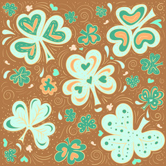 Abstract doodle background with clover, hearts and butterflies. Hand drawn vecotor illustration in trendy colors.