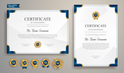 Gold and blue certificate of achievement template, clean modern design with gold badge - obrazy, fototapety, plakaty