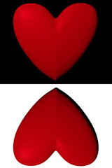 CG figure of red heart, on white and black background, easy to isolate and use on light or dark background