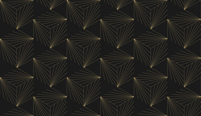 Seamless star pattern. Dark and gold texture. Repeating geometric background. Striped hexagonal grid. Linear graphic design - 317222456