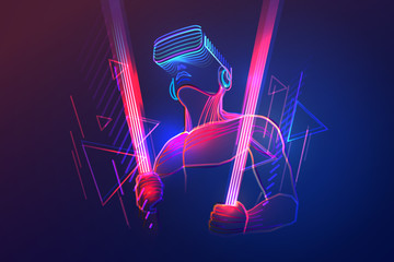 Virtual reality gaming. Man wearing vr headset and using light saber in abstract digital world with neon lines. Vector illustration