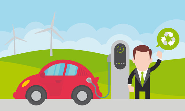 Vector man charging a red electric car in nature. Simple cartoon graphic. 