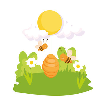 flying bees honeycomb hive sun flowers grass farm design