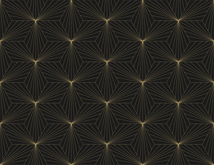 Motif étoile sans soudure. Texture sombre et dorée. Arrière-plan géométrique répétitif. Grille hexagonale rayée. Conception graphique linéaire