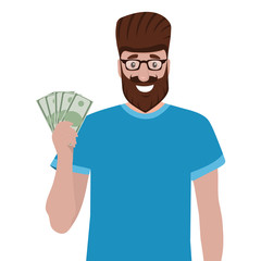 Man holds money in his hands and enjoys his salary. Cartoon vector illustration, flat design